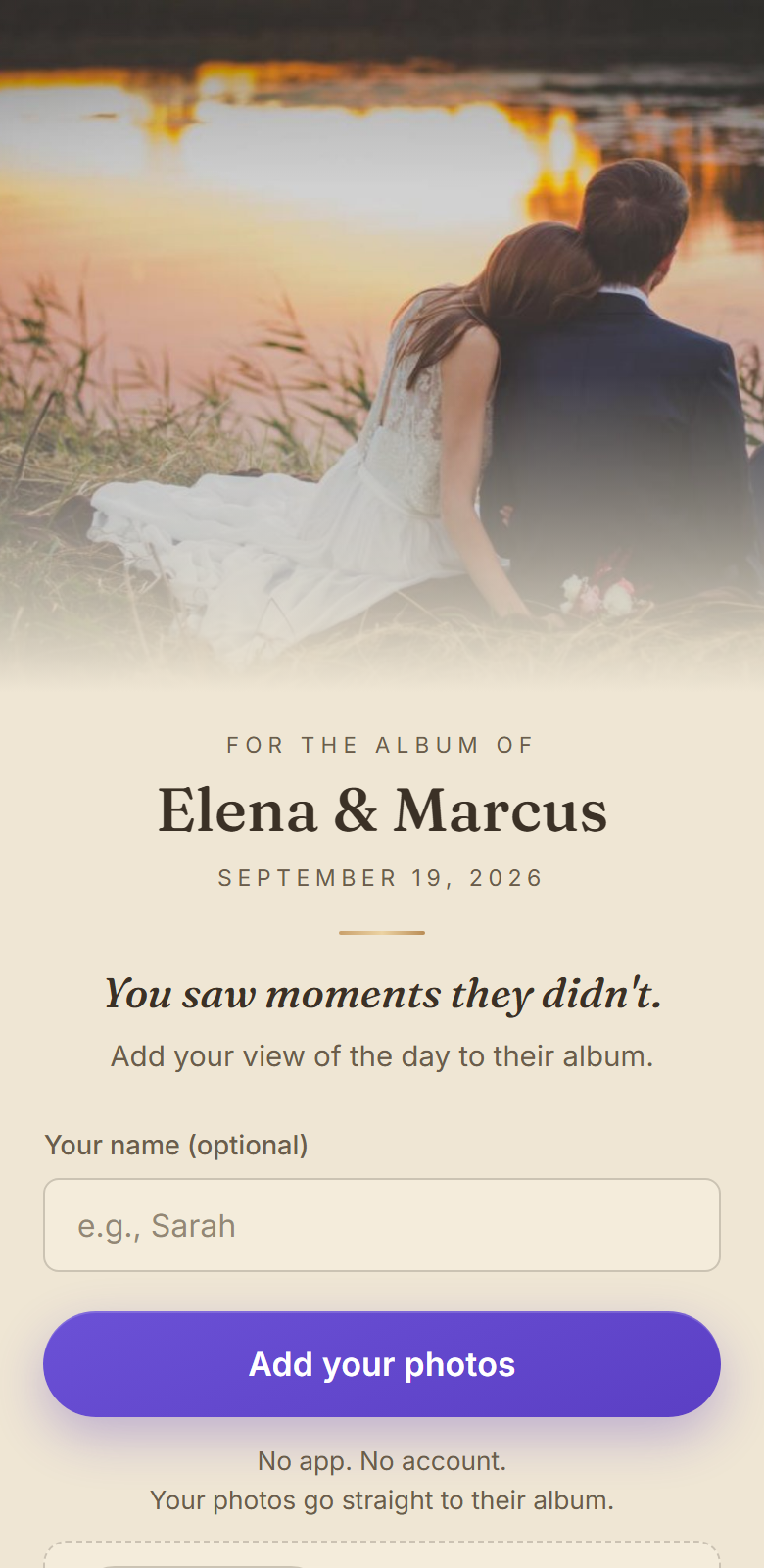 The guest page on a phone: a warm event cover for Elena & Marcus, a name field, and one big button — Add your photos.