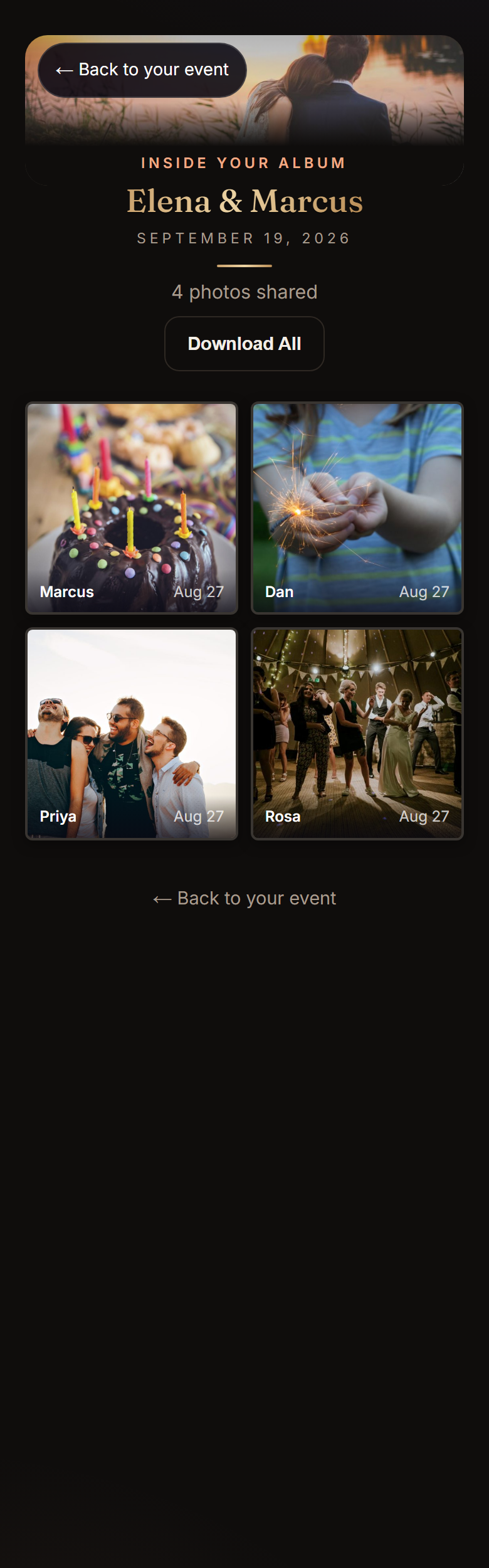 The organizer album on a phone: the event's cover flows into its name, the photo count, a Download All button, and a grid of guest photos with their names.